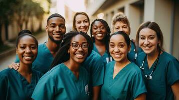 grupo de diverso médico profesionales en matorrales foto