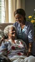 Senior patient receiving care from caregiver at home photo