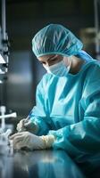 Nurse preparing injection with focus on syringe photo