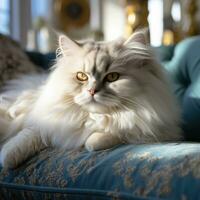Fluffy Persian cat lounging on couch photo