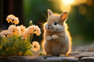 adorable conejito olfateando un flor. foto