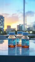 Medicine bottles with blurred hospital background photo