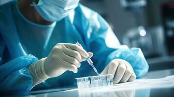 Nurse preparing injection with focus on syringe photo