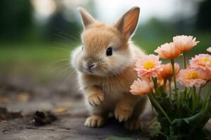 adorable conejito olfateando un flor. foto