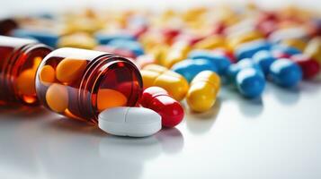 Close-up of pills and capsules on white background photo