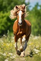 Regal horse galloping through green meadow photo