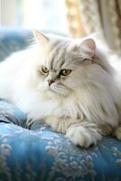 Fluffy Persian cat lounging on couch photo