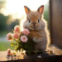 Adorable bunny sniffing a flower. photo