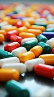 Close-up of pills and capsules on white background photo