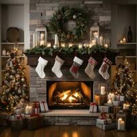 Cozy fireplace with stockings and decorations photo