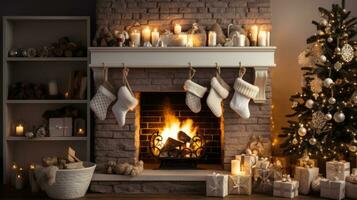 Cozy fireplace with stockings and decorations photo