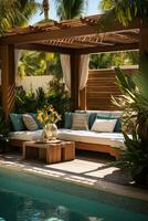 Stylish poolside cabanas with lush tropical foliage. photo