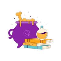 Lined Witch Cauldron with Potion Bottle and Magic Books vector