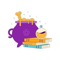 Lined Witch Cauldron with Potion Bottle and Magic Books vector