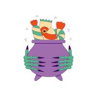 Lined Halloween Candies in Cauldron with Monster Hands vector