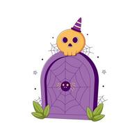 Lined Halloween Gravestone with Skull and Witch Hat vector