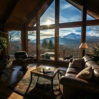 Mountain view from cozy log cabin retreat photo