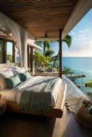 Luxurious bedroom with ocean view balcony photo