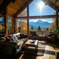 Mountain view from cozy log cabin retreat photo