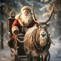 Santa Claus and his reindeer delivering presents photo
