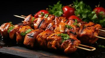 Juicy and grilled chicken kebab skewers. photo