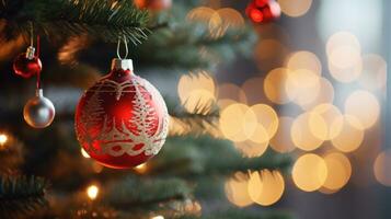 Festive lights and ornaments on Christmas tree photo