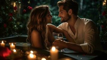 Romantic couple enjoying champagne in hot tub photo