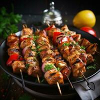 Juicy and grilled chicken kebab skewers. photo