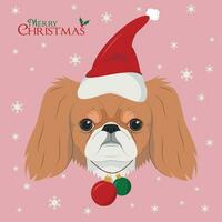 Navidad saludo tarjeta. pekinés perro con rojo de santa sombrero y Navidad juguete pelotas vector