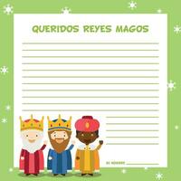 Tres sabio hombres letra modelo vector ilustración para Navidad hora en español, con niño caracteres.