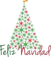 Christmas tree vector illustration made with snowflakes and text Merry Christmas in red and green colors and in spanish.