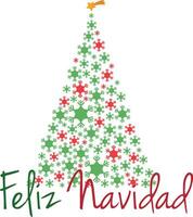 Navidad árbol vector ilustración hecho con copos de nieve y texto alegre Navidad en rojo y verde colores y en español.