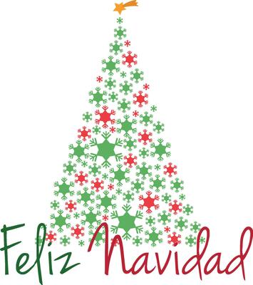 Christmas tree vector illustration made with snowflakes and text Merry Christmas in red and green colors and in spanish.