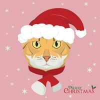 Christmas greeting card. Bengal cat wearing a scarf and a red Santa's hat vector
