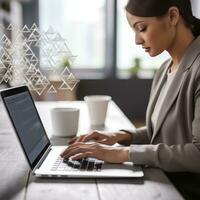 correo electrónico marketing. mujer mecanografía en ordenador portátil teclado. foto