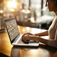 correo electrónico marketing. mujer mecanografía en ordenador portátil teclado. foto