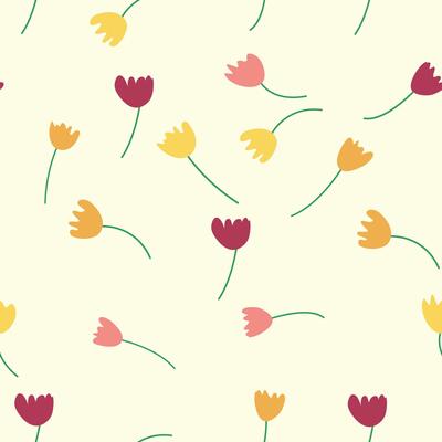 Seamless floral pattern with colorful tulip flowers, leaves and petals. Retro from the 1970s