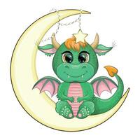 Cute cartoon green baby dragon on the moon. Symbol of 2024 according to the Chinese calendar. vector