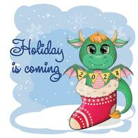 Cute cartoon green dragon in stocking. 2024 new year, chinese calendar vector