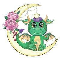 Cute cartoon green baby dragon on the moon. Symbol of 2024 according to the Chinese calendar. vector