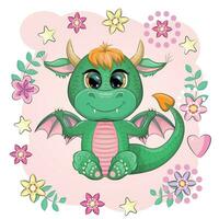 Cute cartoon green baby dragon with horns and wings. Symbol of 2024 according to the Chinese calendar. Funny mythical monster reptile vector