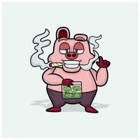 Pig Character Cartoon With Smoking, High and Holding Weedbud. vector