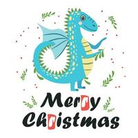 Christmas card with cute green dragon. Year of the Dragon 2024, China vector