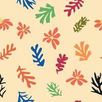 Blue Matisse floral pattern, crooked leaves and red flowers. vector