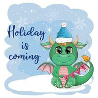 Cute cartoon green dragon in santa hat. 2024 new year, chinese calendar vector