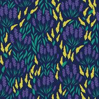 Botanical seamless print with various floral elements. Blue fields of lavender and chamomile. pattern with miniature flowers, vintage textile vector