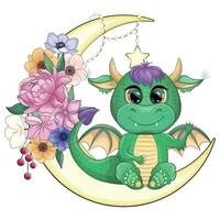 Cute cartoon green baby dragon on the moon. Symbol of 2024 according to the Chinese calendar. vector