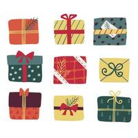 Gift box color set. Isolated icon present with ribbon. Christmas, new year, birthday present. vector