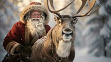 Santa Claus and his reindeer delivering presents photo