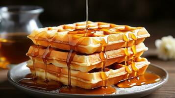 Classic and fluffy Belgian waffle with syrup photo